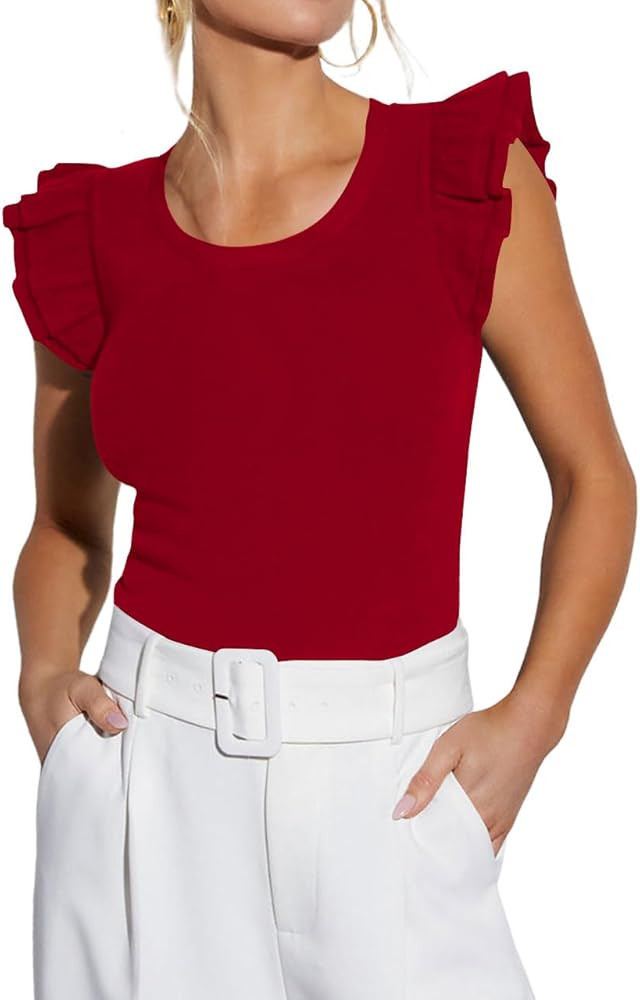 Dressmine Women Casual Ruffle Sleeve Tops Shirts 2026 Summer Ribbed Slim Fitted Crewneck Tank Top... | Amazon (US)