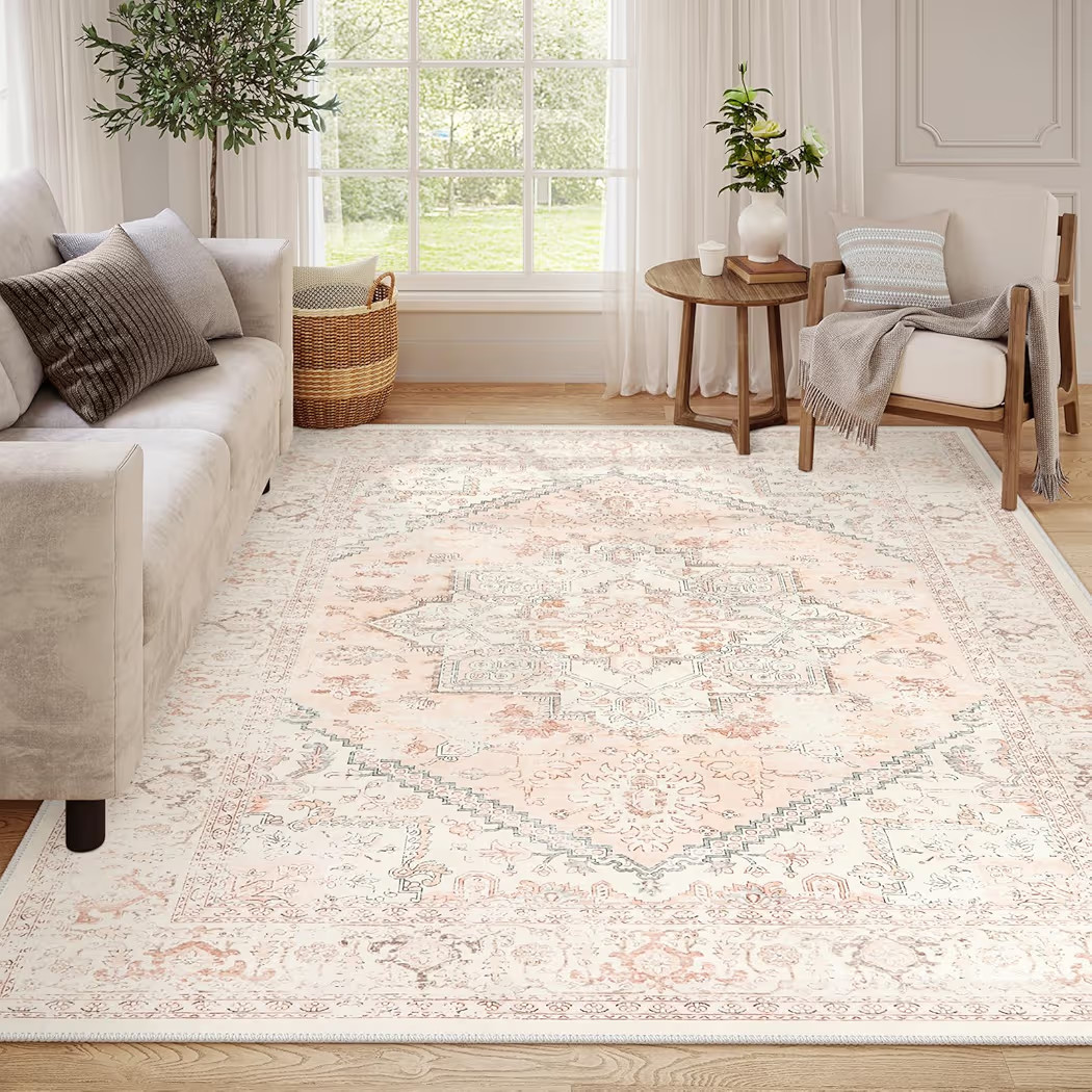LIVEBOX Pink Area Rug 8x10 - Large Oriental Floral Living Room Rugs Accent Rug for Bedroom, Non-S... | Amazon (US)