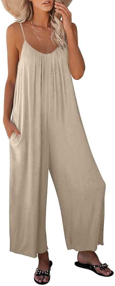 Dokotoo Women's Loose Sleeveless Jumpsuits Adjustable Spaghetti Strap Stretchy Long Pant Romper J... | Amazon (US)