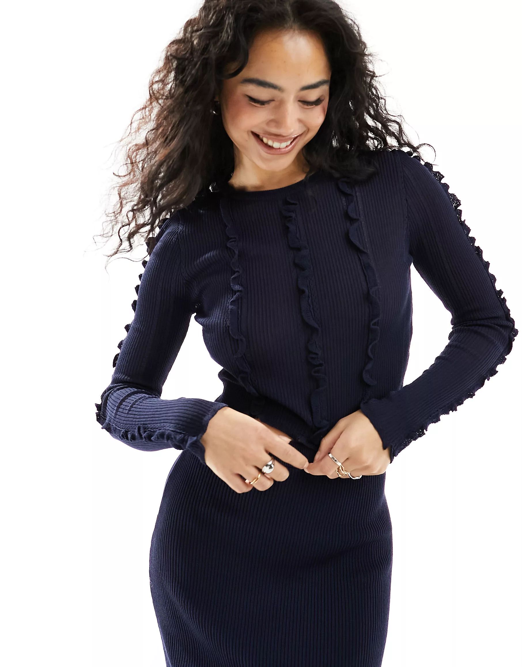 ASOS DESIGN knitted top with frill and seam detail in navy co-ord | ASOS (Global)