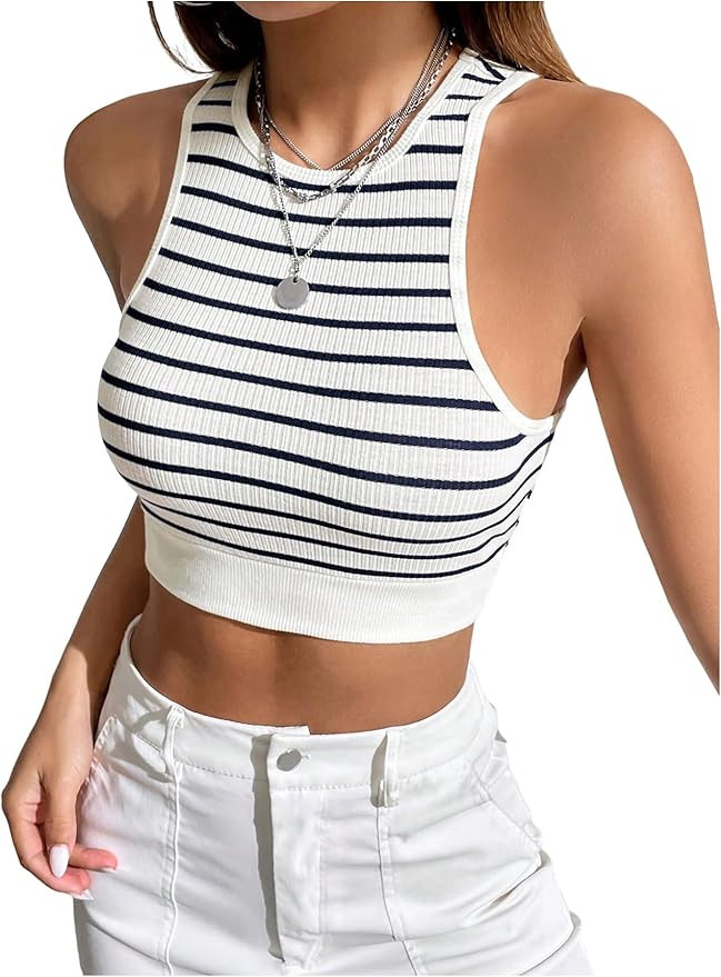 SweatyRocks Women's Striped Round Neck Tank Top Sleeveless Slim Fit Crop Tops | Amazon (US)