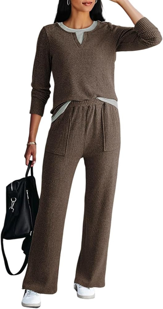 Dokotoo Women's 2 Piece Sets Outfits Casual Long Sleeve Color Block Sweatshirts Wide Leg Pants Tr... | Amazon (US)