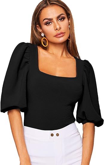 Romwe Women's Casual Puff Sleeve Square Neck Slim Fit Crop Tee Tops | Amazon (US)