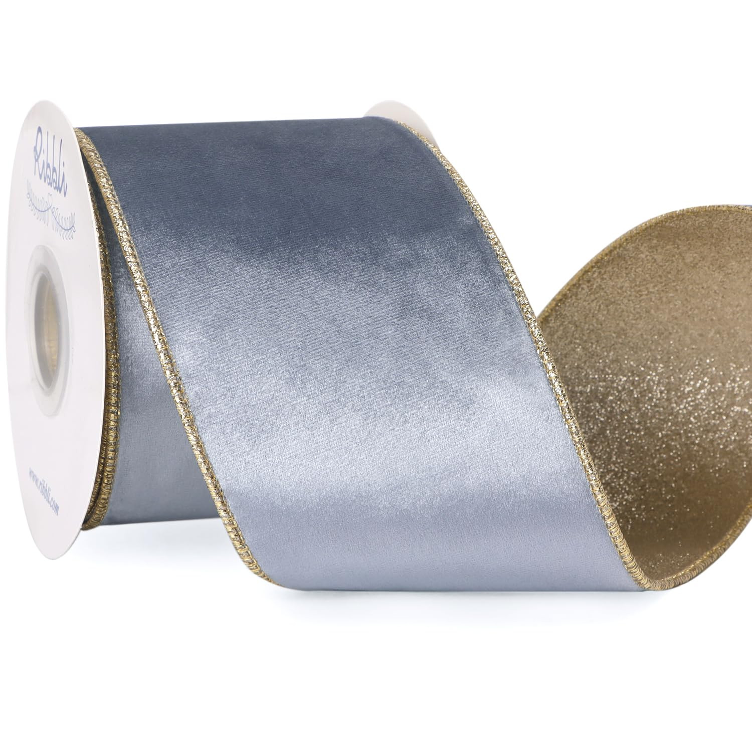Ribbli Dusty Blue Velvet Ribbon Wired 4 Inch Glossy Velvet with Champagne Glitter Christmas Ribbo... | Amazon (US)
