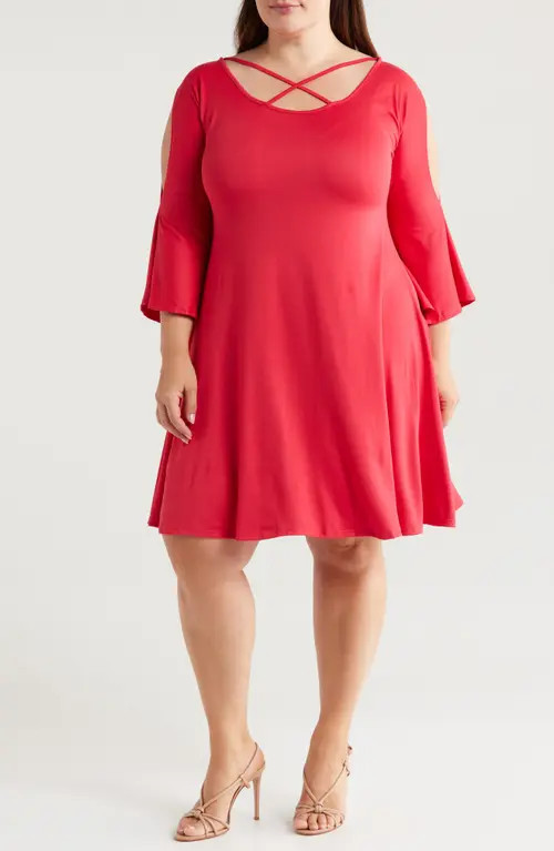 24seven Comfort Apparel Crisscross Scoop Neck Cold Shoulder Dress in Red at Nordstrom, Size 1X | Nordstrom