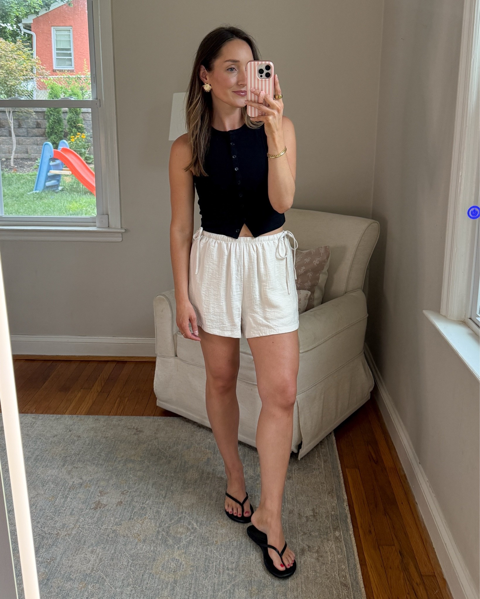 These adorable side tie shorts are on sale for $15. Very cute and I have worn them styled for daytime or as a beach cover-up. Wearing an XS. ￼￼