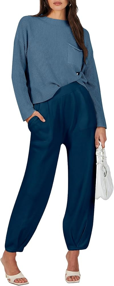 ANRABESS Women's Two Piece Outfits Long Sleeve Knit Top Fall Sweater Set Oversized Pants Tracksui... | Amazon (US)