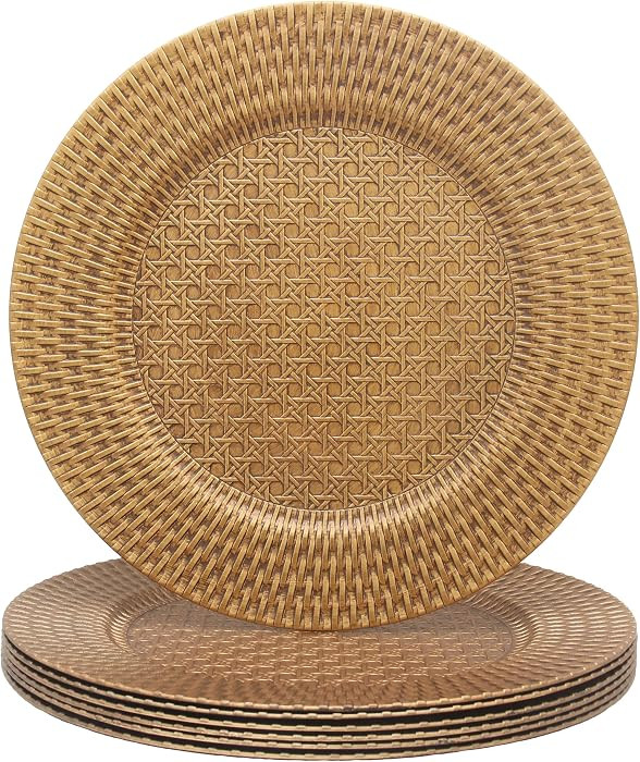 13" Antique Gold Charger Plates Set of 6, Matte Finish Faux Rattan Woven Texture Dinner Chargers,... | Amazon (US)
