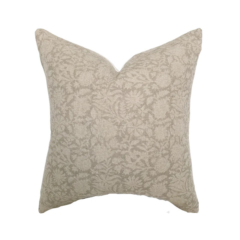 Serena | Soft Greige Floral Handblock Pillow Cover | Linen and James