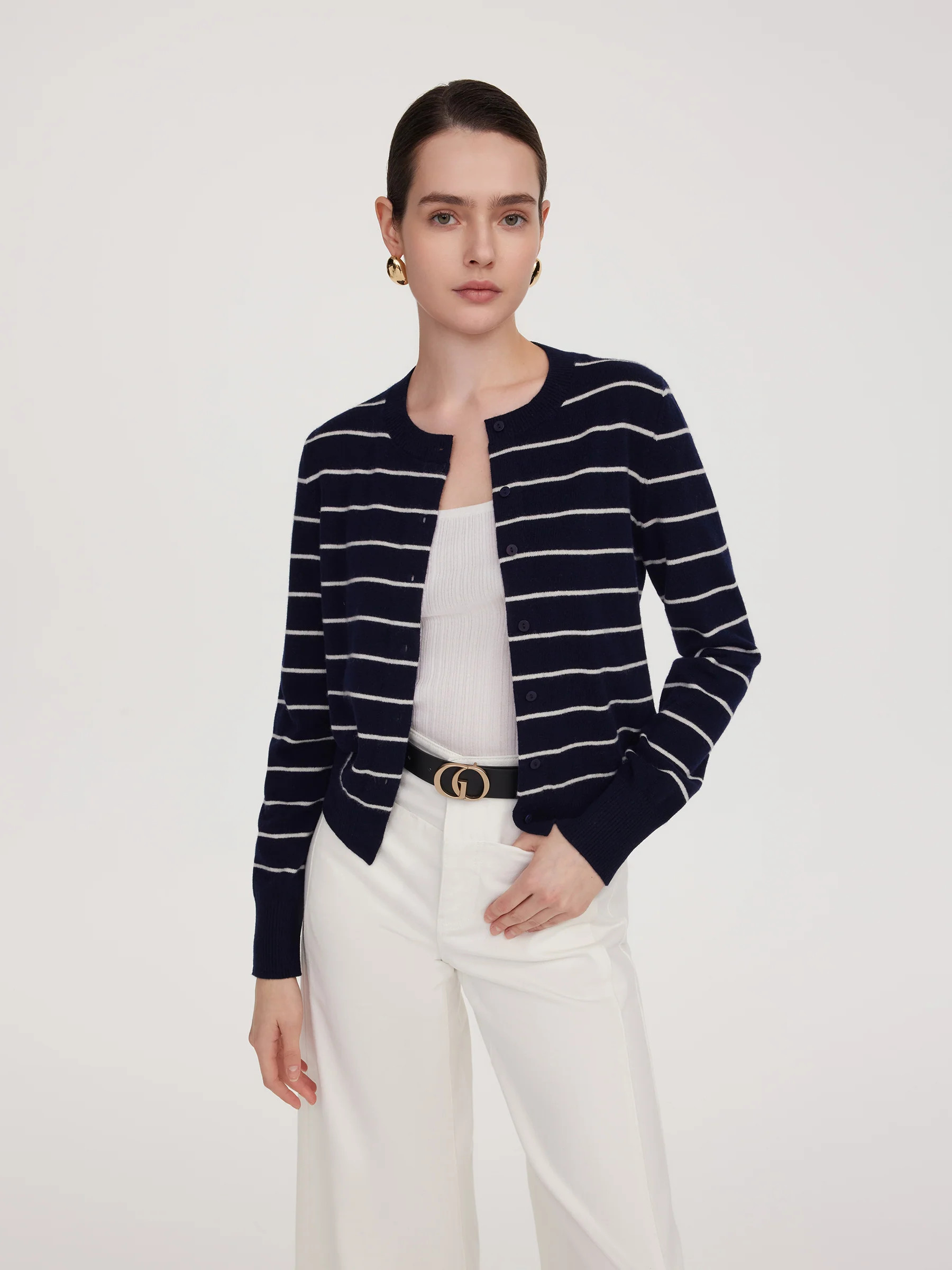 100% Wool Stripe Women Cardigan | GOELIA
