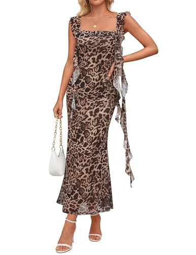 ZESICA Women's Summer Sleeveless Floral Maxi Dress 2026 Square Neck Chiffon Mesh Ruffle Beach Vacation Bodycon Dresses Leopard Small | Amazon (US)