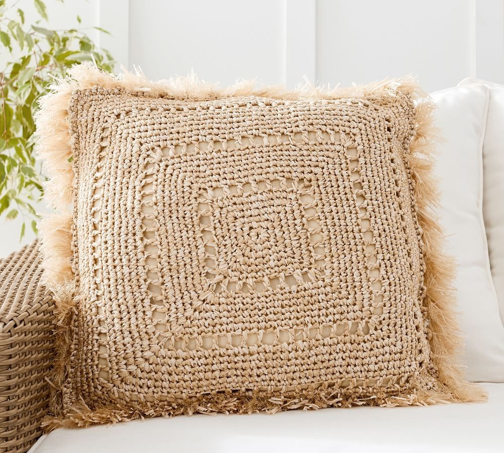 Faux Natural Fiber Crochet Fringe Indoor/Outdoor Pillow | Pottery Barn (US)