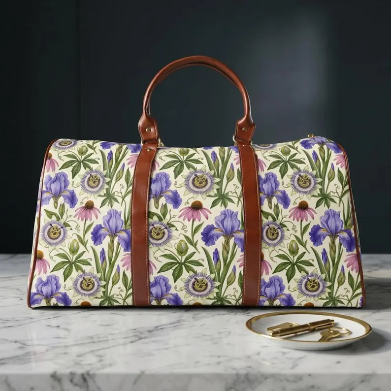 Tennessee Floral Travel Bag | Iris, Coneflower, Passion Flower Print, Waterproof Nylon Duffel | Etsy (Global)
