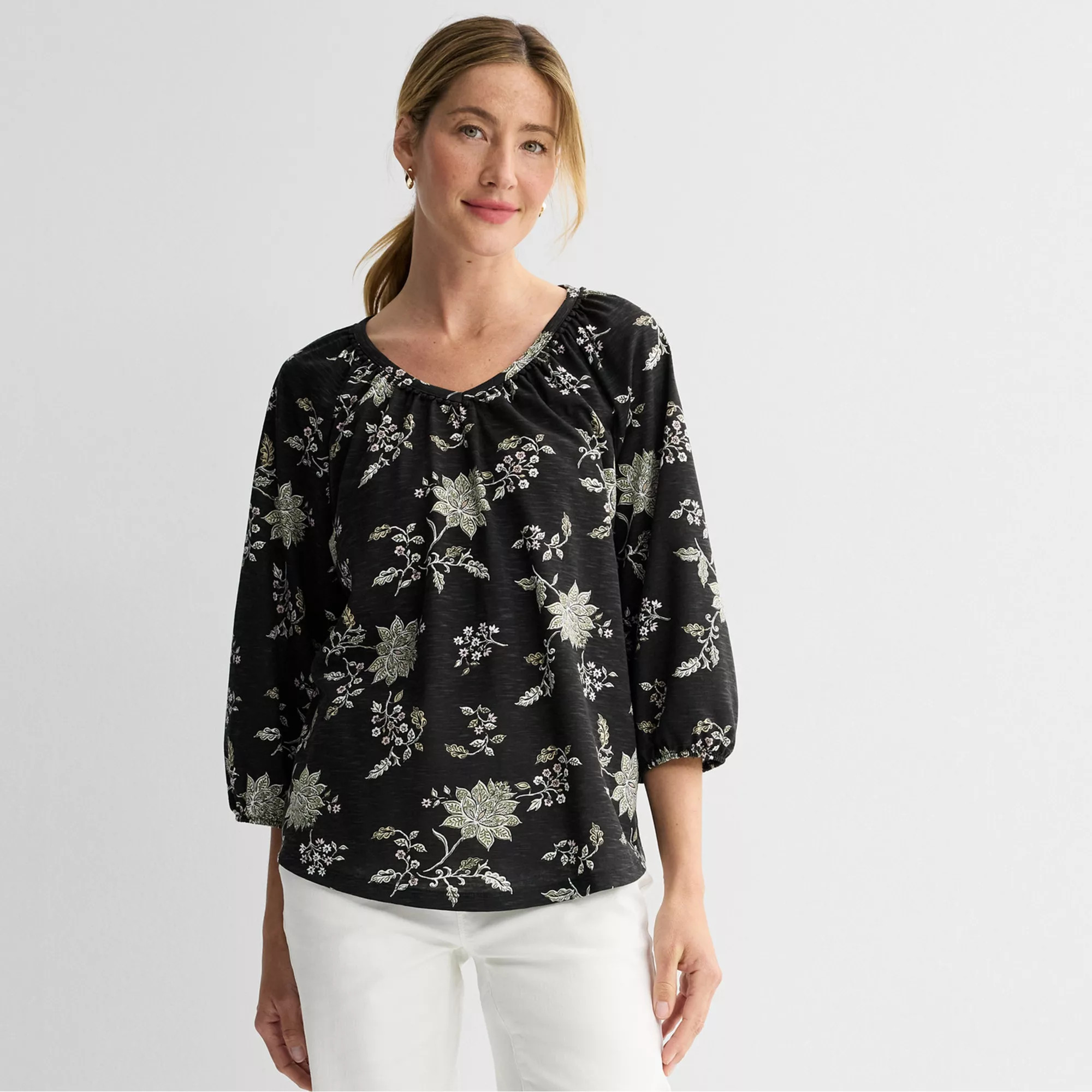 Women's Croft & Barrow® Bobble V-Neck Blouse, Size: Large, Red Global Floral | Kohl's