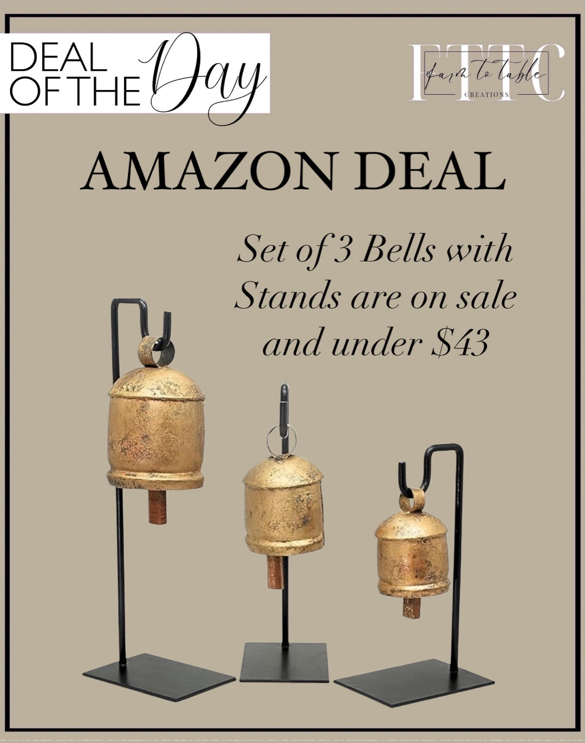 Deal of the Day! Follow @farmtotablecreations on Instagram for more inspiration.

These gorgeous bells with stands are a steal for this price. They are more than double the price on other sites. You can use these all year round, not just Christmas. 

Holiday Bells. Amazon Deal. Amazon Finds. Amazon Home Decor. Christmas Decor. Viral Bells  

#LTKFindsUnder50 #LTKHoliday #LTKSaleAlert