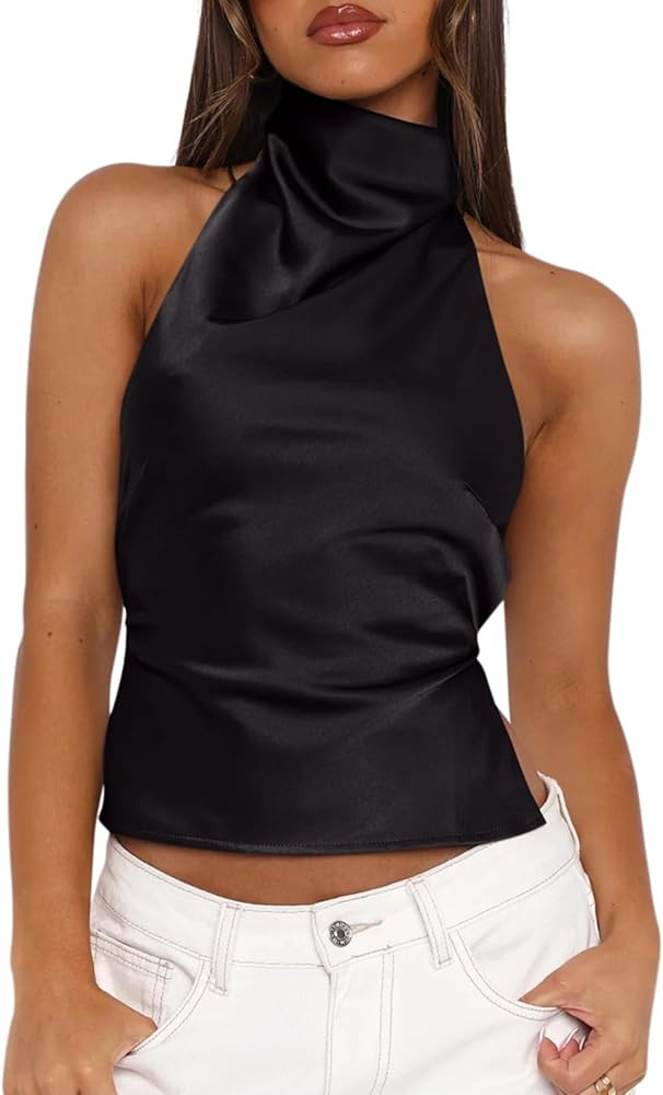 Womens Sexy Backless Halter Tank Top High Mock Neck Sleeveless Trendy Y2K Going Out Cropped Tops | Amazon (US)