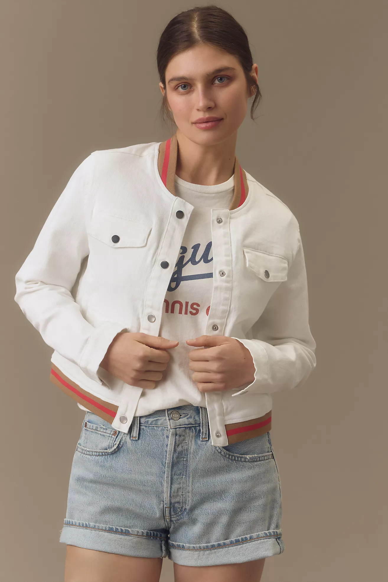 By Anthropologie Denim Varsity Bomber Jacket | Anthropologie (US)