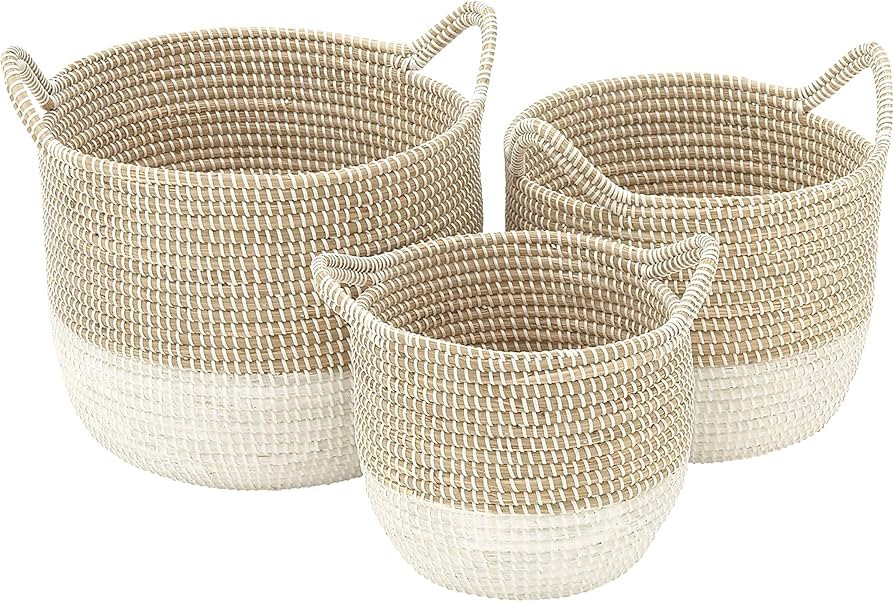 CosmoLiving by Cosmopolitan Seagrass Handmade Two Toned Storage Basket with Handles, Set of 3 13"... | Amazon (US)