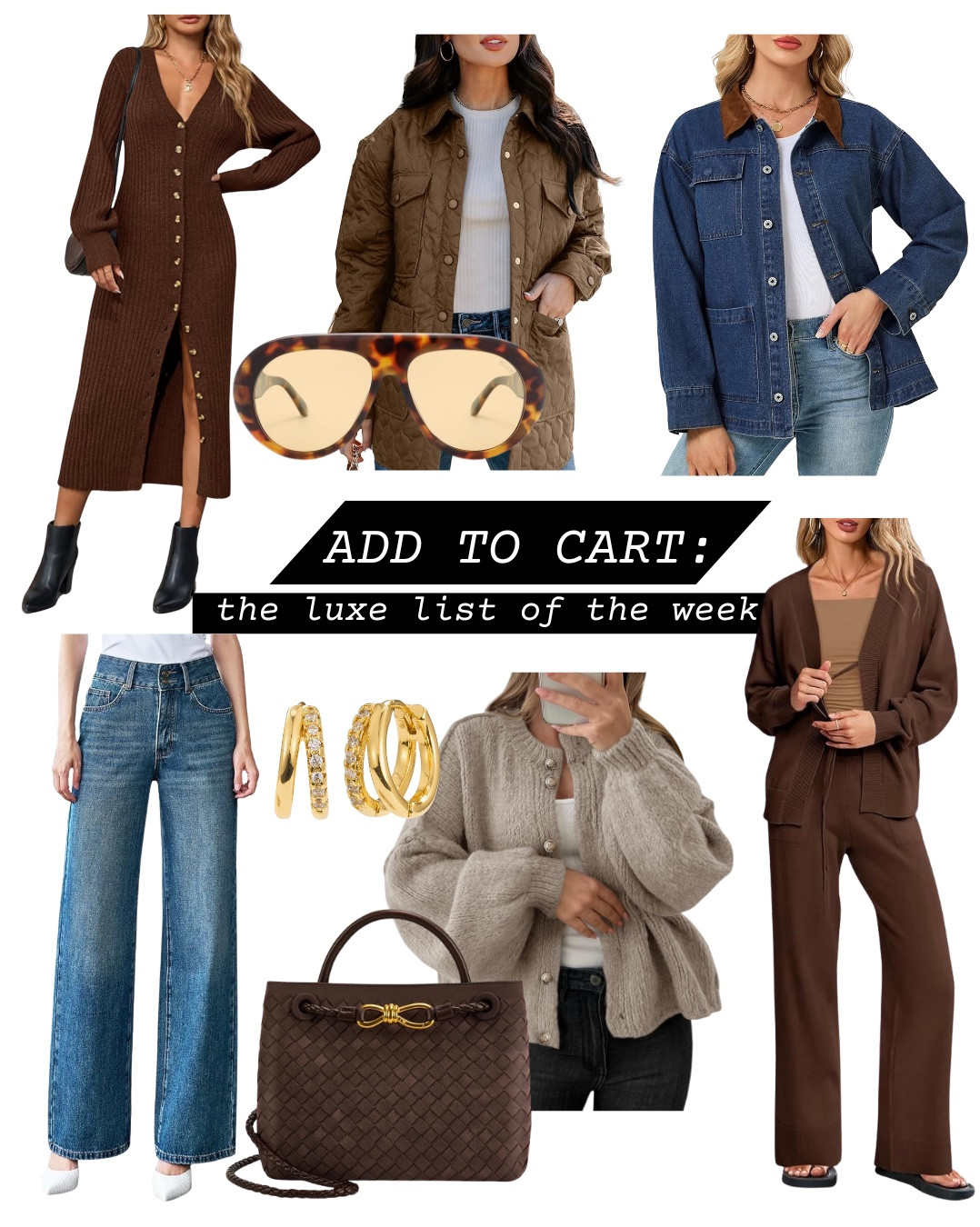 Add to cart—the luxe list of the week! I found the best pieces all on Amazon that are all under $100 and so trendy right now! I have a knit two piece set, midi dress, quilted jacket, denim barn jacket, cardigan, wide leg jeans, suede handbag, oversized sunglasses and gold chunky earrings. All items linked ⬆️

#ltkcreator #ltkfinds #ltkwatchnow #ltkstyletip #amazon #amazonfinds #fallstyle #falloutfits #winter #winteroutfits #trendyoutfits 

#LTKootd #LTKFindsUnder100 #LTKSeasonal