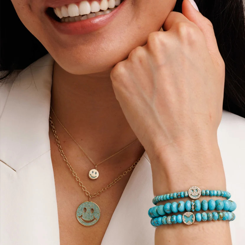Gold & Turquoise Happy Face Stone Inlay Icon Charm | Sydney Evan