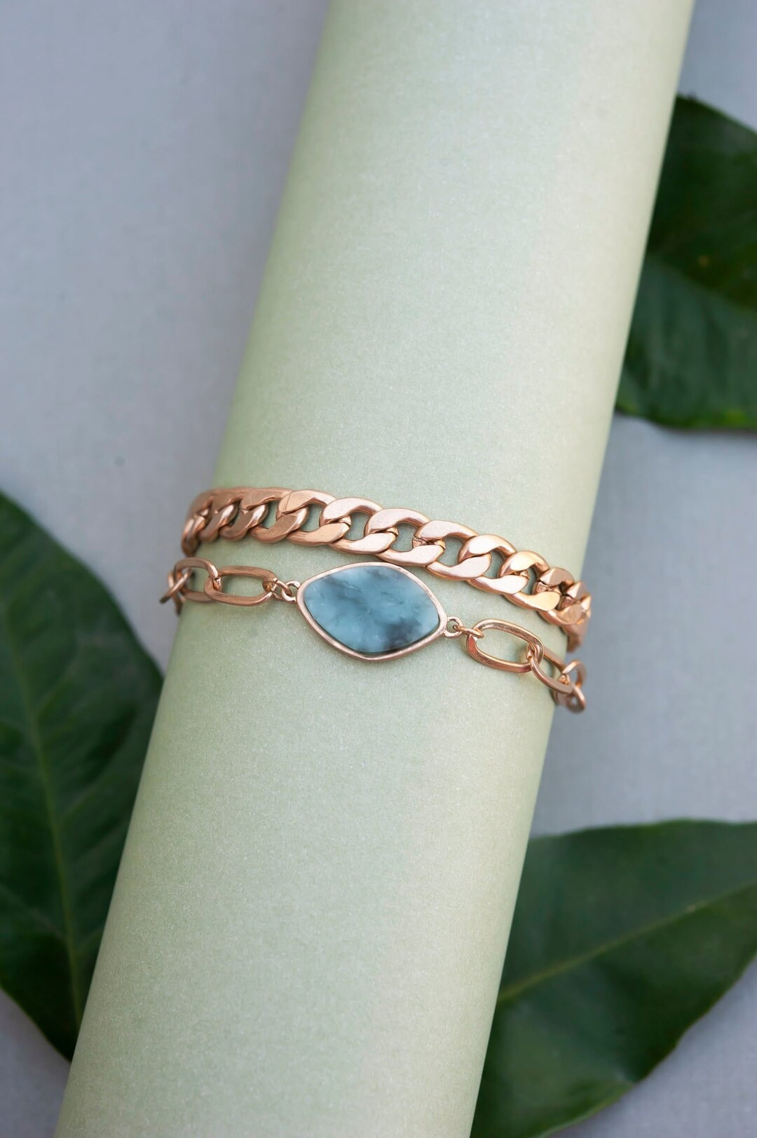 Stephie Chain Bracelet | Turquoise Stone and Double Gold Link Bracelet | Magnetic Closure | Etsy (US)