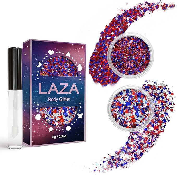 Laza Independence Day Body Glitter, 2 Jars Red Blue White Chunky Sequins with Glue Women Eyeshado... | Amazon (US)