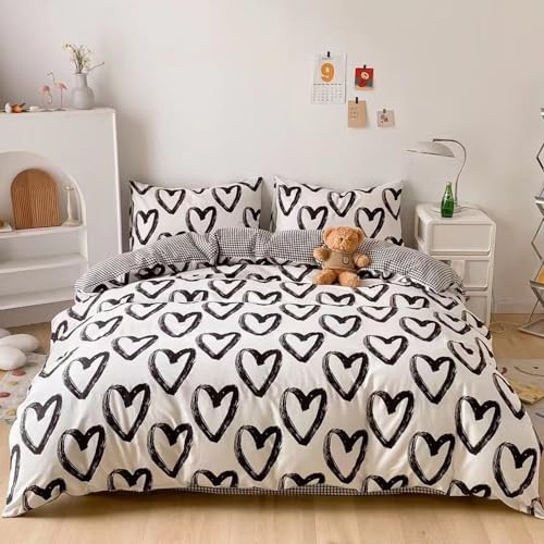 CLOTHKNOW Black White Full Size Comforter Sets 3Pcs Love Shaped Bedding Comforter Sets Kawaii Love Black Comforter with 2 x Pillow Cases | Amazon (US)