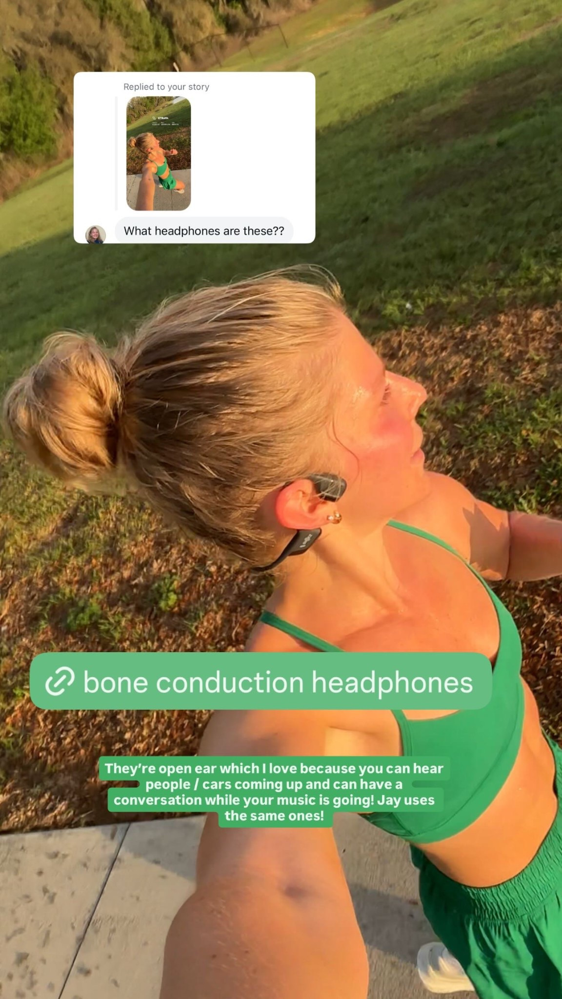 My bone conduction headphones are open ear which I love because you can hear people / cars coming up and can have a conversation while your music is going! Jay uses the same ones! Perfect for running!

#LTKfitnessgoals #LTKdayinmylife #LTKActive