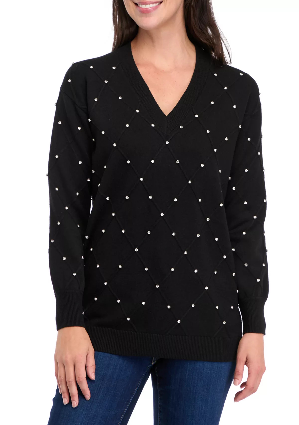 Anne KleinWomen's Long Sleeve Diamond Rhinestone Sweater | Belk