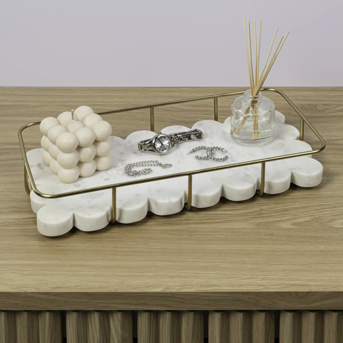 Monarch 12" x 6" Modern Industrial Metal/Marble Scalloped Base Vanity Tray | Wayfair North America