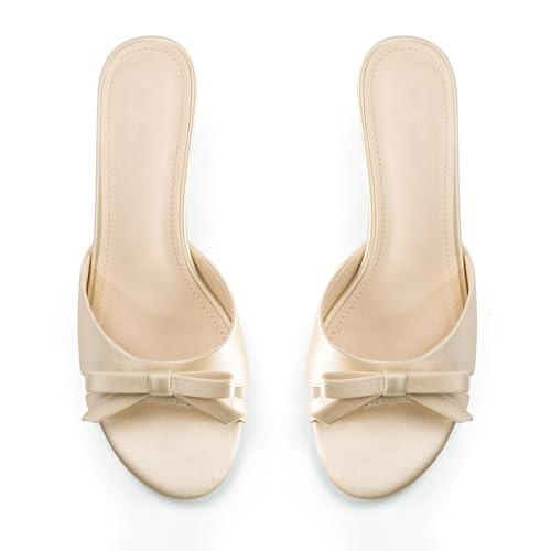 RUSAUISE Beige Mule Heels for Women Bow Kitten Heels Slip On Round Open Toe Heeled Sandals Dressy Comfortable Summer Sandals 2 Inch Heel Size6.5 | Amazon (US)