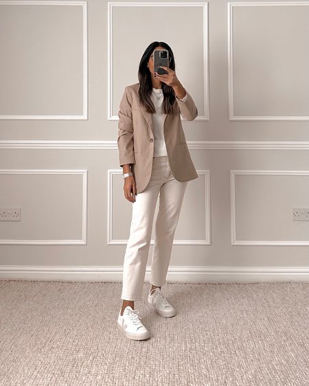 Single breasted blazer in beige
Wearing size small

Slim high ankle jeans
Similar linked as mine are a few years old. The style is the same but the shade is slightly different.

For reference, you may need to size up so recommend trying on/ordering your own size and the next size up.

Kicks are from Veja. Your regular size will be fine.

#LTKeurope #LTKunder50