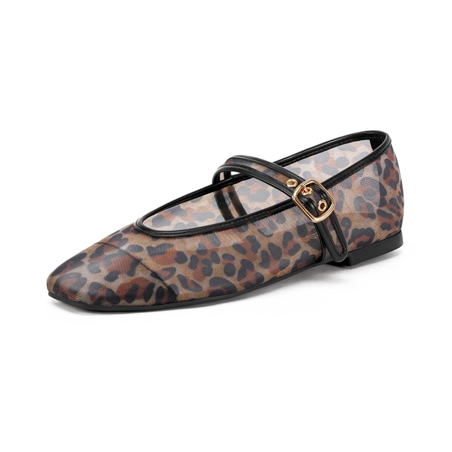 Women's Leopard Print Mesh Ballet Flats - Square Toe Mary Jane Buckle Shoes for Dress | Amazon (US)