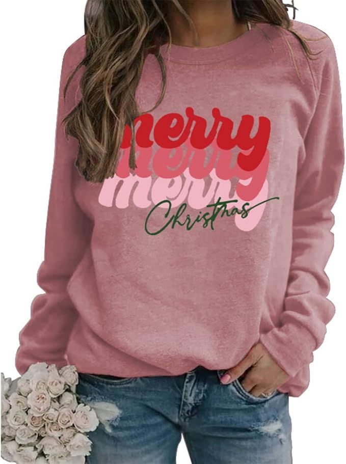 Merry Merry Merry Christmas Sweatshirt Women Funny Letter Print Sweater Long Sleeve Crewneck Pull... | Amazon (US)