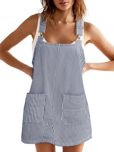 Yousify Womens Denim Overalls Dress Casual Adjustable Straps Striped Jeans Dress Summer Sleeveless Short Rompers | Amazon (US)