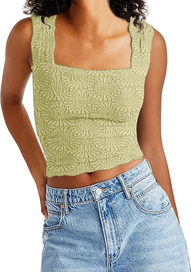 PICPUNMAK Women Square Neck Wide Straps Crop Tank Tops Flower Lettuce Trim Crop Vest Slim Fitted ... | Amazon (US)