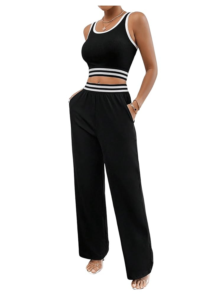 Floerns Women's 2 Piece Outfits Contrast Binding Crop Tank Top and Pants Sets with Pocket Lounge ... | Amazon (US)