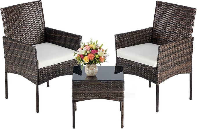 DUMOS 3 Piece Patio Furniture Set, All-Weather Outdoor Wicker Chairs with Removable Cushions & Te... | Amazon (US)