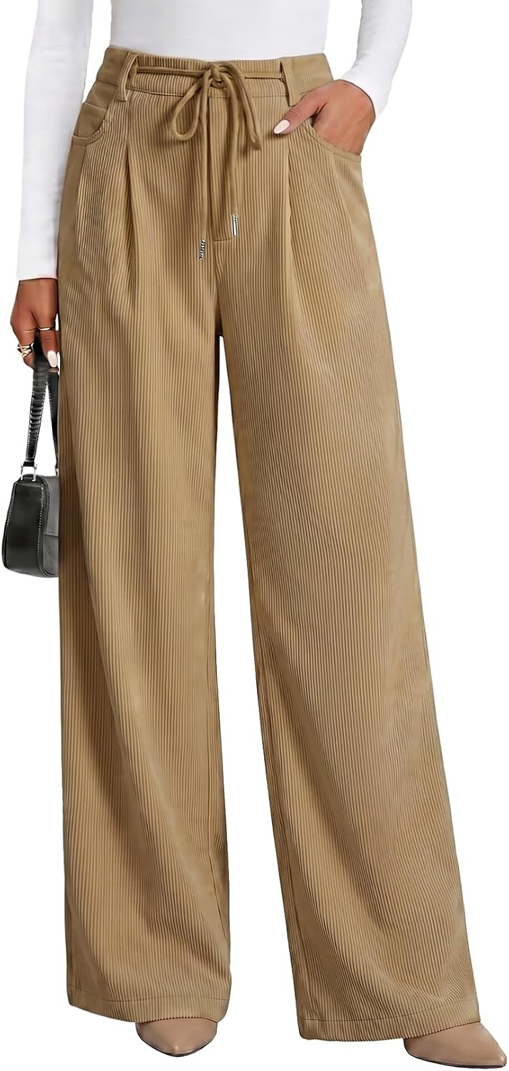 Sidefeel Corduroy Pants Women Wide Leg High Waisted Drawstring Baggy Pants | Amazon (US)