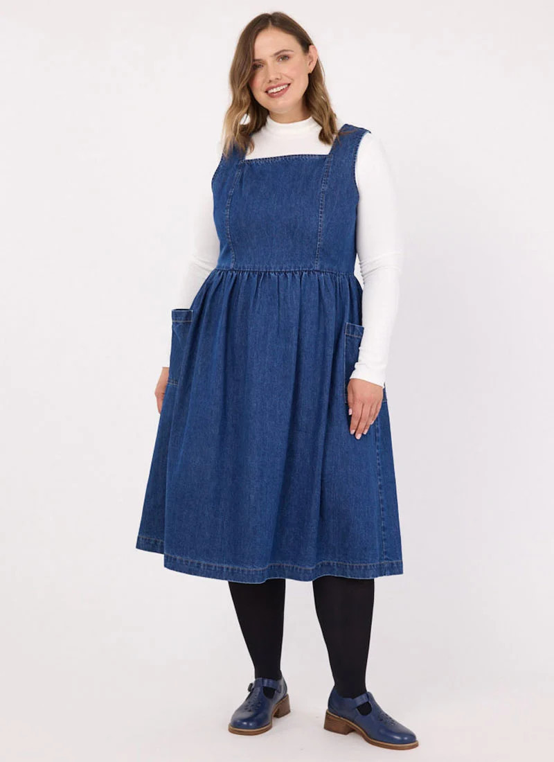 Mabel Denim Square Neck Pinafore Dress | Joanie