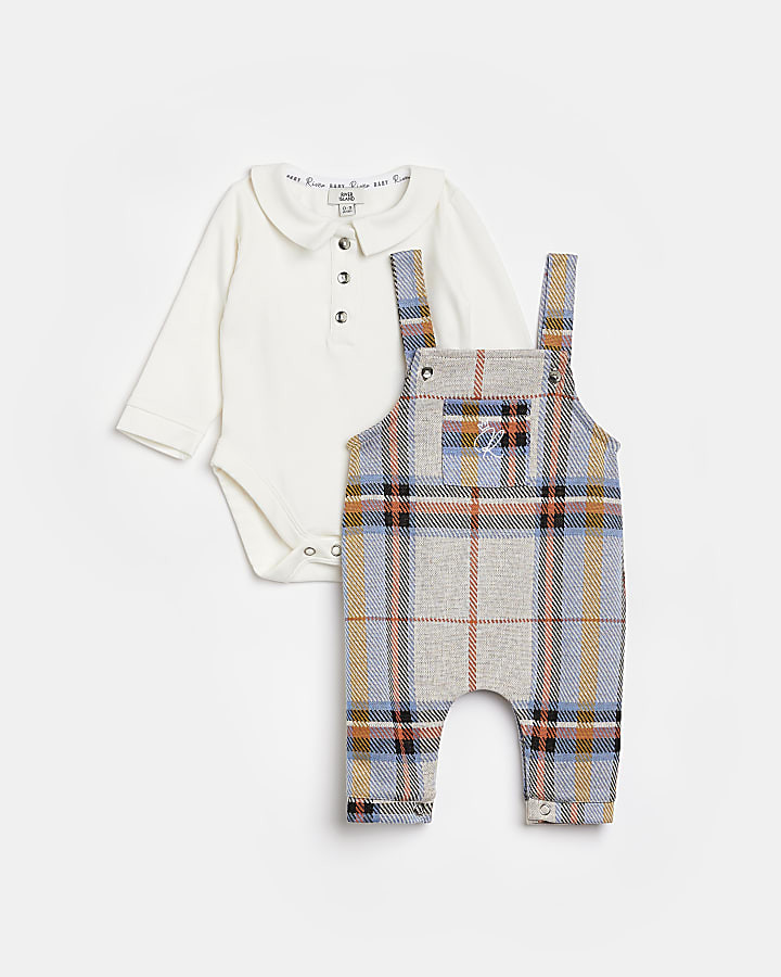 Baby Boys blue Check Dungaree and Polo outfit | River Island (US)