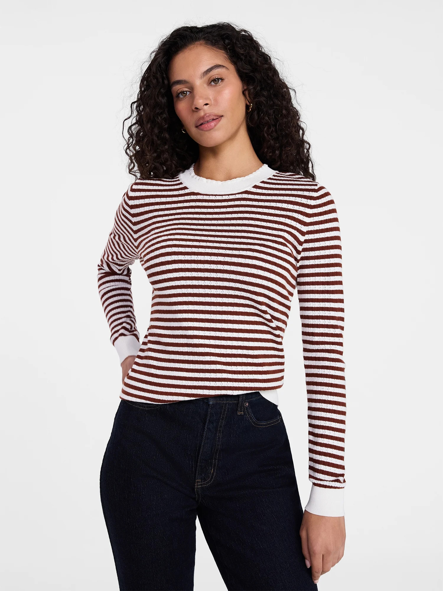 Time and Tru Women's Stripe Pointelle Rib Sweater with Long Sleeves, Lightweight, Sizes XS-XXXL | Walmart (US)