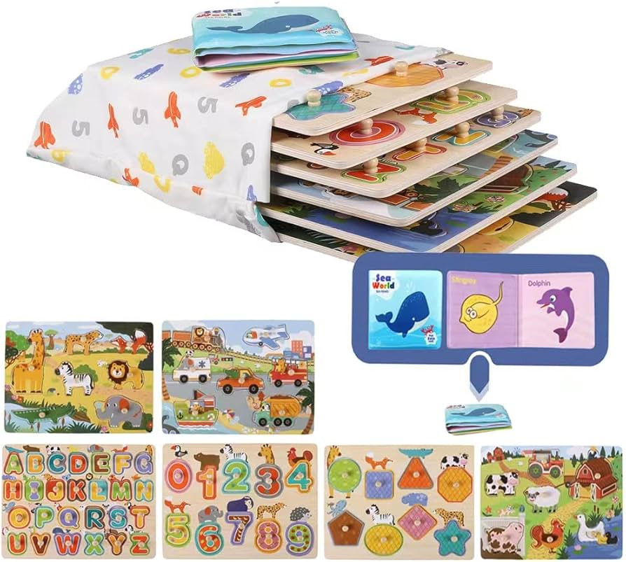 Phoohi 6 Pack Wooden Peg Puzzles for Toddler 1-3 Years Old Alphabet Numbers Animals Vehicles Puzz... | Amazon (US)