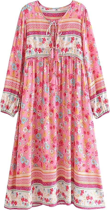 R.Vivimos Women's Long Sleeves Floral Print Retro V Neck Tassel Casual Bohemian Midi Dresses | Amazon (US)