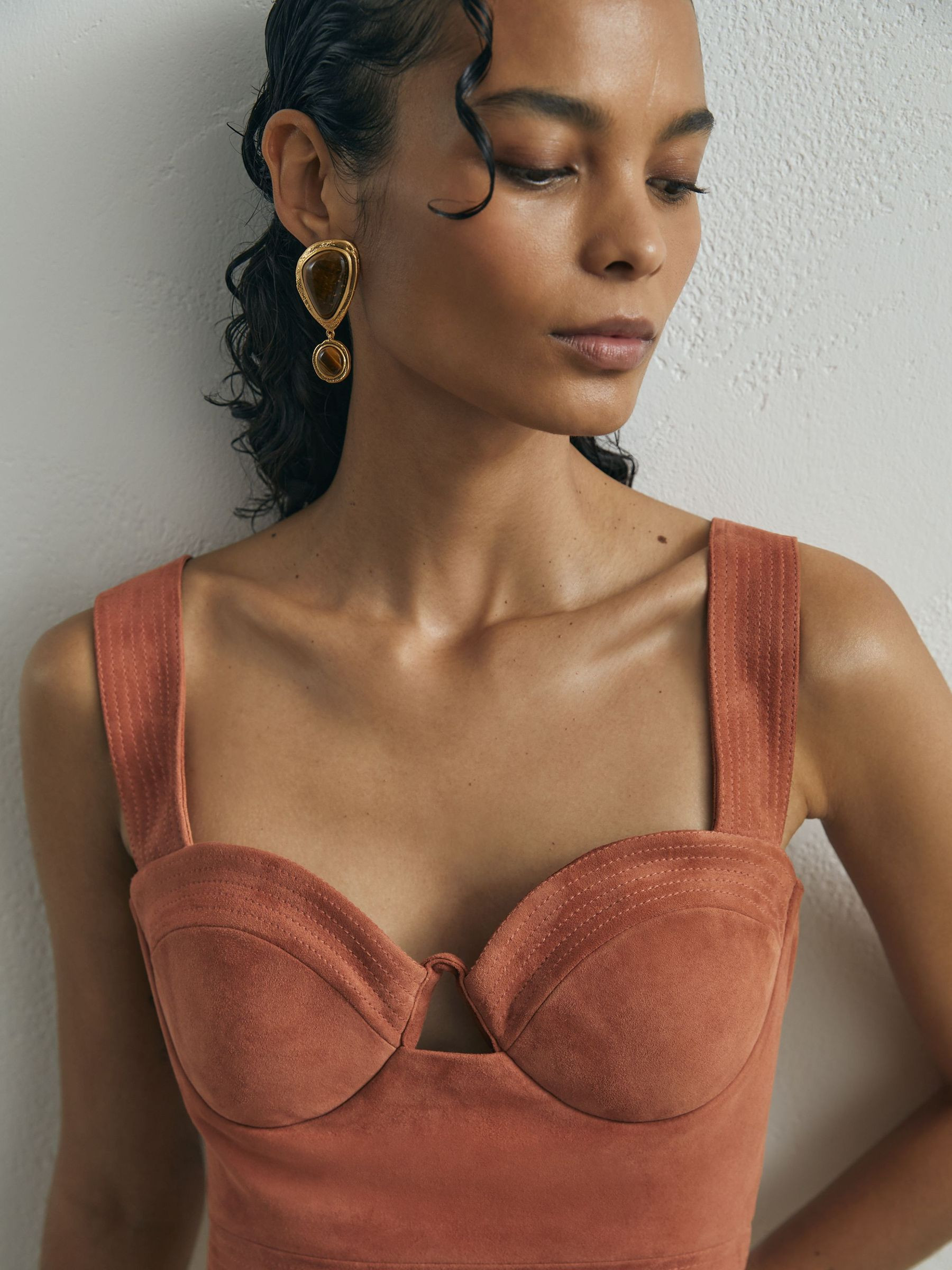 Reiss Atelier Suede Bustier Top in Rust - REISS | Reiss UK