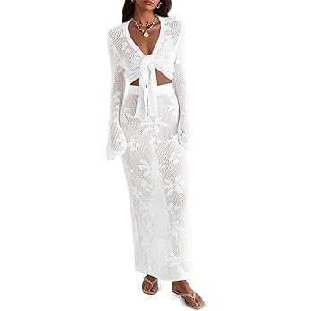 Saodimallsu Womens Crochet Swim Cover Up 2 Piece V Neck Long Sleeve Wrap Tie Crop Tops Beach Boho... | Amazon (US)