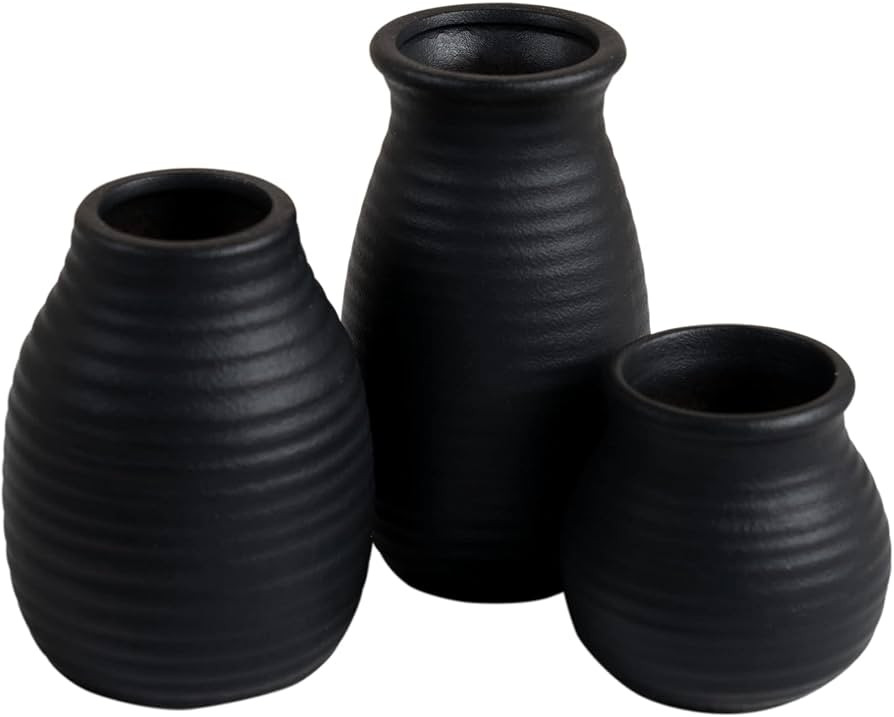 Black Ceramic Vase Set - 3 Small Flower Vases, Modern Rustic Farmhouse Home Decor, Boho Decor, Id... | Amazon (US)