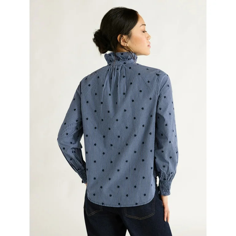 Free Assembly Women’s Ruffle Neck Cotton Blouse, Sizes XS-XXL - Walmart.com | Walmart (US)