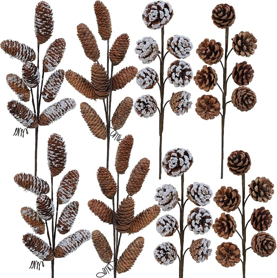Winlyn 8 Pcs Snowy Natural Pinecone Picks Sprays Christmas Picks Spruce Pine Cones Branches Ornam... | Amazon (US)