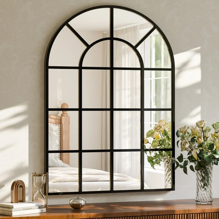 HARRITPURE 30"x40" Arched Window Pane Bathroom Mirror Decorative Grid Wall Mirror, Black | Walmart (US)